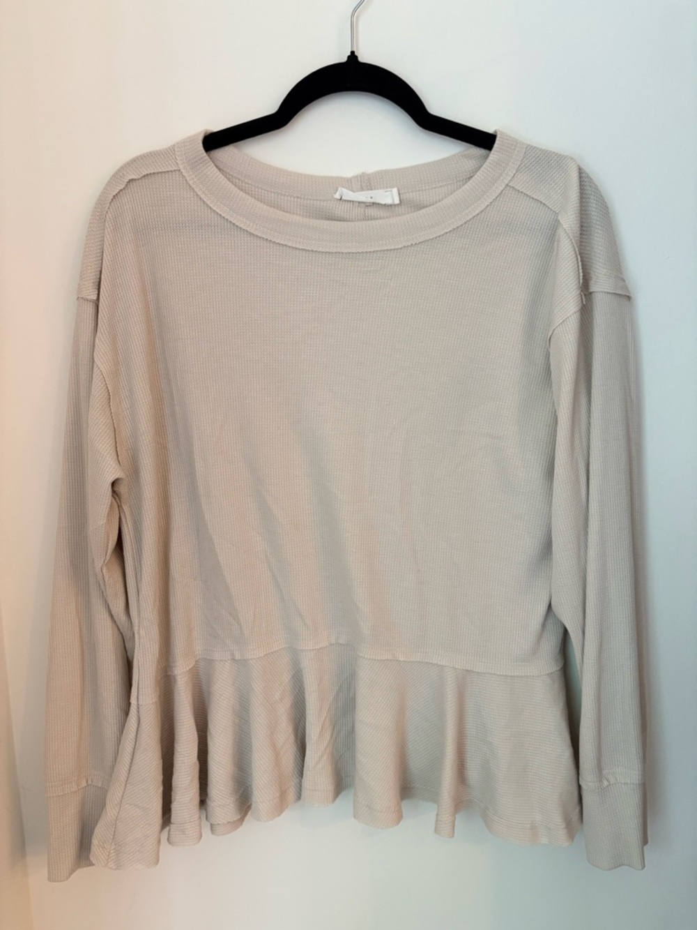 Lush, Waffle Knit Ruffle Hem, Peplum Long Sleeve Top - Cream